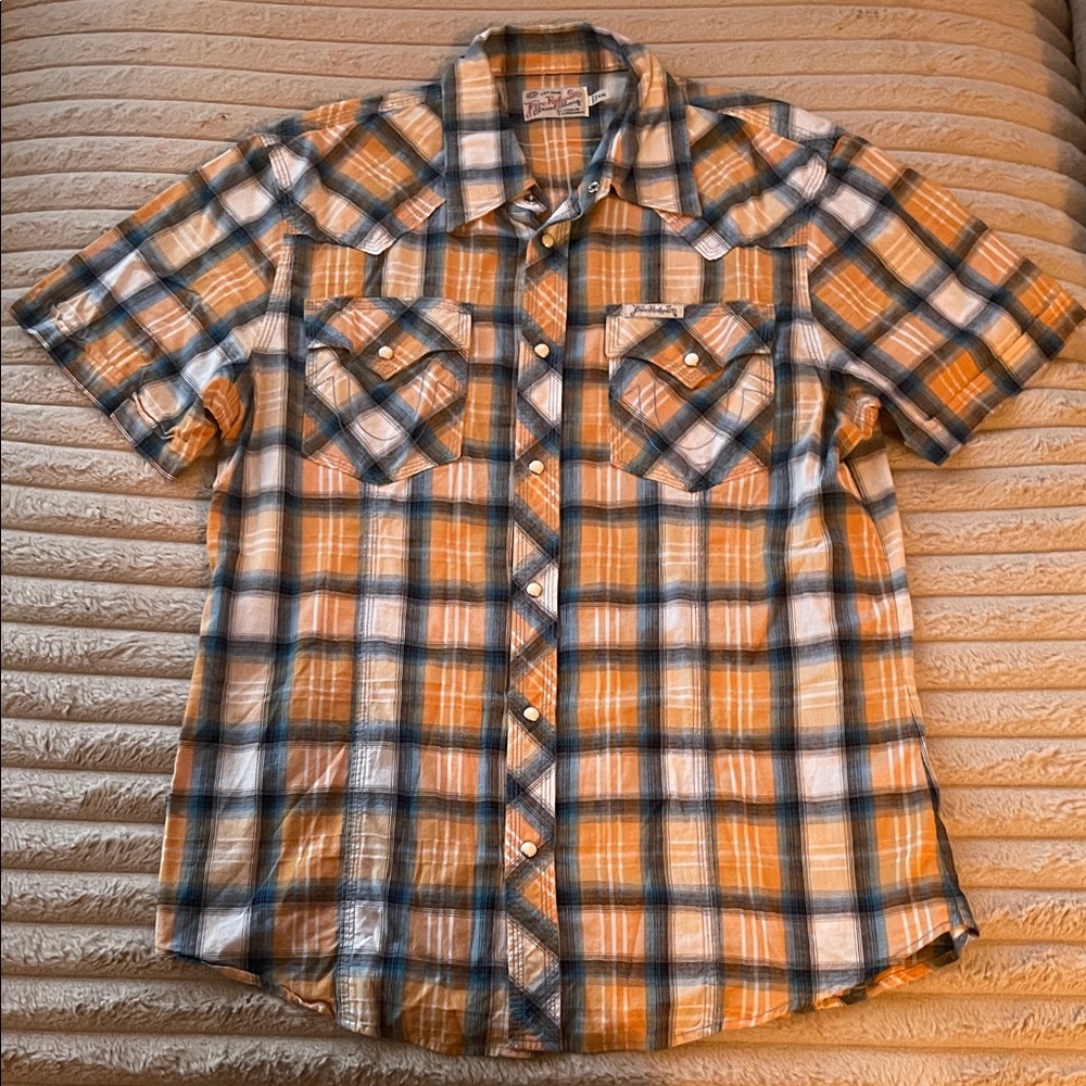 Wrangler Orange and Blue Plaid Button Down Shirt
